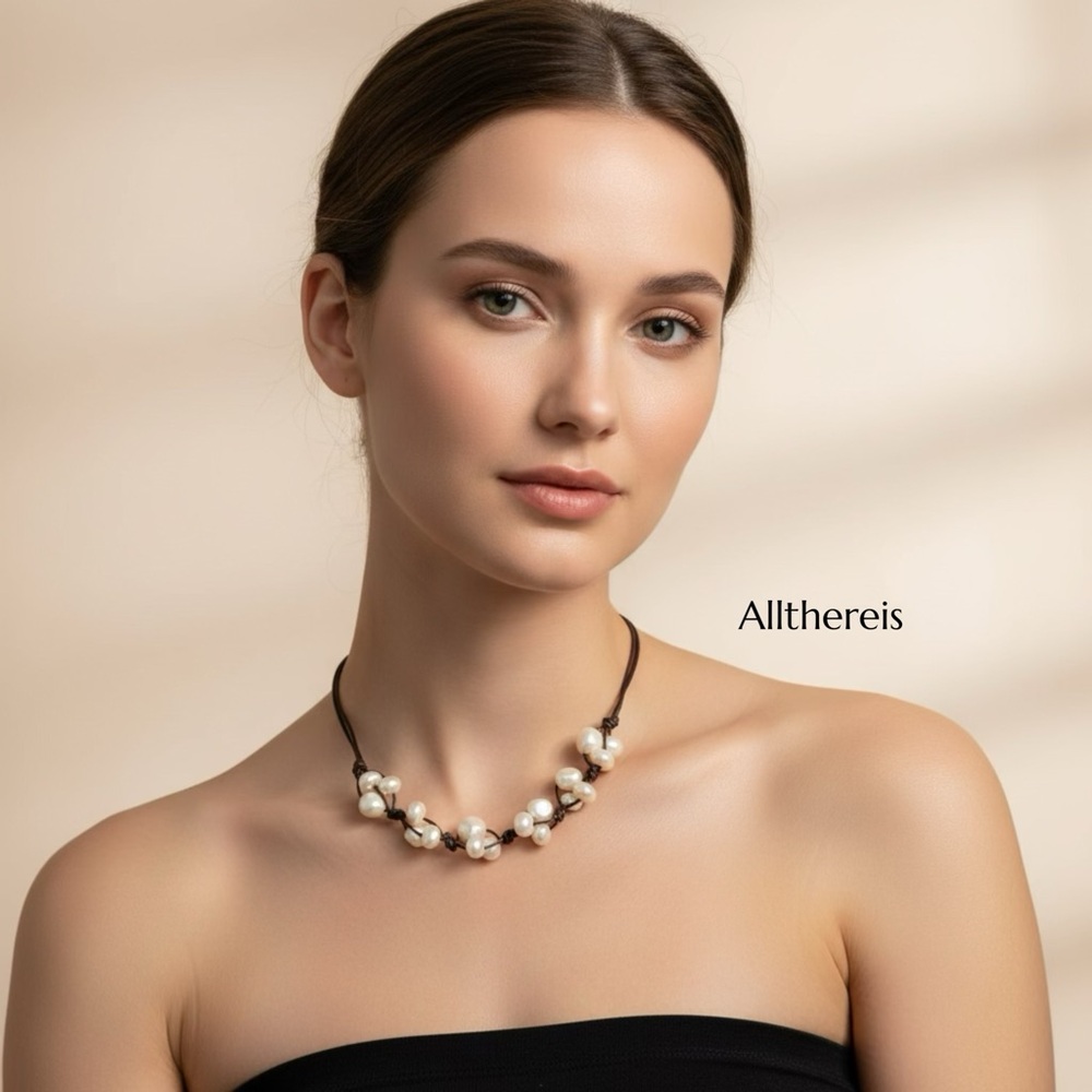 Pearl necklace w/ brown leather